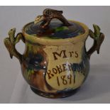 Victorian twin handled whieldon ware lidded pot,