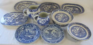 Selection of blue and white ceramics inc meat plates and jugs