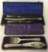 Cased carving set with antler handles & cased silver plate fish servers