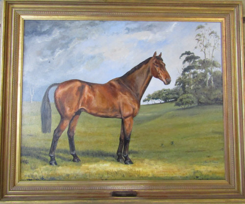 Oil on canvas horse portrait of Owen Gregory 1980 - The Hickstead Show Jumping winning horse by
