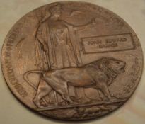 WWI memorial plaque / Death Penny to John Edward Barnes