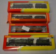 3 boxed Hornby locomotives and a boxed Hornby carriage