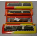 3 boxed Hornby locomotives and a boxed Hornby carriage