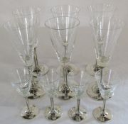 Set of 6 silver stemmed wine glasses with conical bowls on silver column and stepped base Sheffield