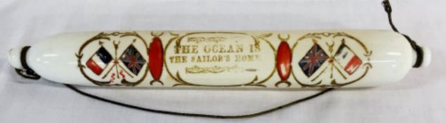 Victorian glass rolling pin with inscription 'The ocean is the sailors home'