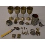 Various white metal including vesta cases, 2 silver tea spoons, animal shaped salts,