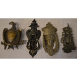4 ornate metal door knockers including an eagle and a galleon
