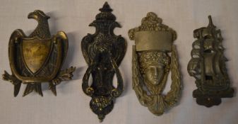 4 ornate metal door knockers including an eagle and a galleon
