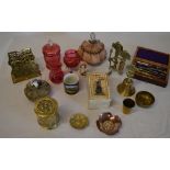 Various cranberry glass (AF), ceramic cup, brassware,