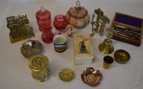 Various cranberry glass (AF), ceramic cup, brassware,