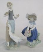 Lladro figures of a girl with a flower basket & girl feeding a goose