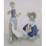 Lladro figures of a girl with a flower basket & girl feeding a goose