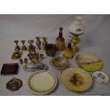 Various metalware, empty whisky decanters,
