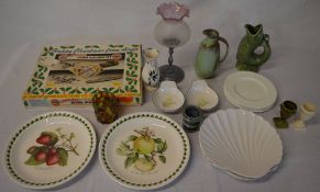Box of mixed items including vintage Airfix kit, plates, candle holder,