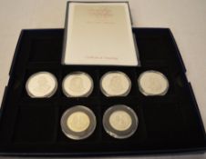 Revolution to Restoration silver proof coins, includes 4 £5 coins and 2 £2 coins,