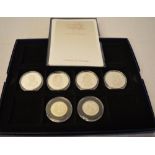 Revolution to Restoration silver proof coins, includes 4 £5 coins and 2 £2 coins,