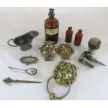 Various items inc AA badges, W C Street & Son 13 Cornmarket Louth bottle, pewter, buckle,