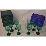 8 green glass goblets, decanter,