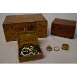 Strapware style sewing box, 2 smaller boxes and various costume jewellery including a vesta case,