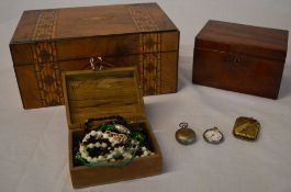 Strapware style sewing box, 2 smaller boxes and various costume jewellery including a vesta case,