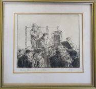 Framed etching 'Starting prices at Alexander Park' by D J Higgins 29 cm x 27 cm (size includes