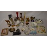 Various animal figures, glass vases, paperweight,
