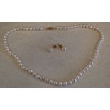 Pearl necklace with 9ct gold clasp and a pair of 9ct gold single pearl earrings