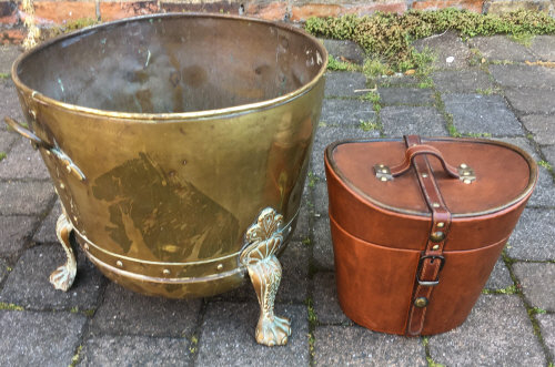 Brass coal basin & a hat box