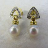 Pair of 18ct gold diamond and pearl earrings (drop 2 cm) total weight 5.