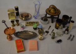 Mixed lot including Portmeirion tankards, modern carriage clock, miniature miners lamp, brass,