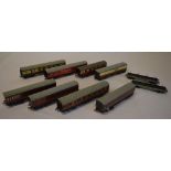 8 Hornby carriages and 2 bogie bolster wagons