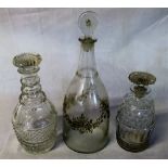 3 19th century glass decanters one with enamel floral swag decoration