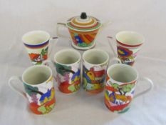 Past Times Clarice Cliff inspired Art Deco teapot together with 2 Wren Art Deco mugs and 4 Fantasia