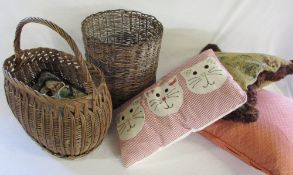 Wicker basket with pegs & a bin together with three cushions