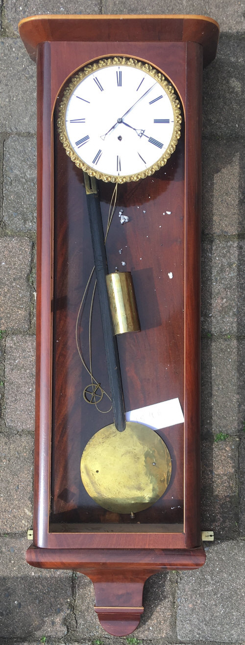 Vienna regulator wall clock in a mahogany case with pie crust bezel (missing front glass panel) H