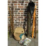 Fishing basket, fishing reels and books,