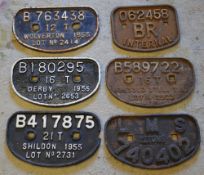 6 railway wagon plates including Derby, Wolverton,