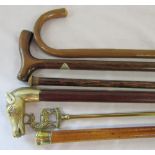 Selection of walking sticks and canes etc inc brass horse head