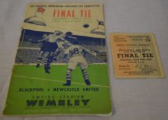 Wembley Stadium 1951 final tie program and ticket stub for Blackpool vs Newcastle United