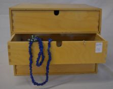 Mixed costume jewellery in a wooden 3 drawer storage box