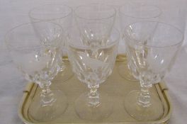 Set of 6 glass wine goblets with animal and bird etchings such as Highland cattle and an eagle