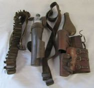 Copper powder flask, leather gaiters/belt,