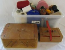 Container of wools/threads on bobbins and reels & 2 sewing boxes/work boxes