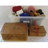 Container of wools/threads on bobbins and reels & 2 sewing boxes/work boxes