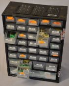 Small plastic 35 drawer storage unit full of watch cell batteries (batteries are not tested or