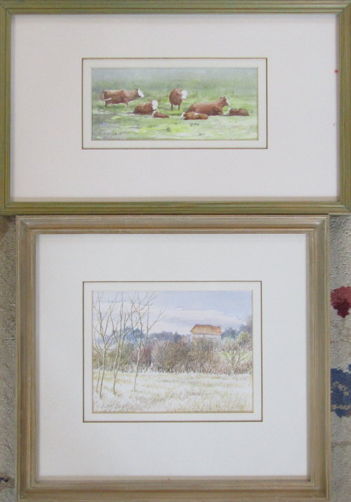 2 watercolours by Baz East (b.1938) cattle 40 cm x 25 and rural scene 35.