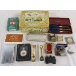 Various items inc Sida miniature camera, Hereford Cathedral bronze coin, commemorative coins,
