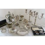 Assorted silver plate inc pair of candelabras, hip flask,