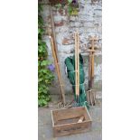Quantity of gardening tools and a Colman's Azure Blue No 1 wooden box/crate (& 2 folding chairs,