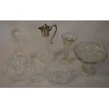 Various glassware including ships decanter, plated claret jug, crystal bowl, fruit bowl,